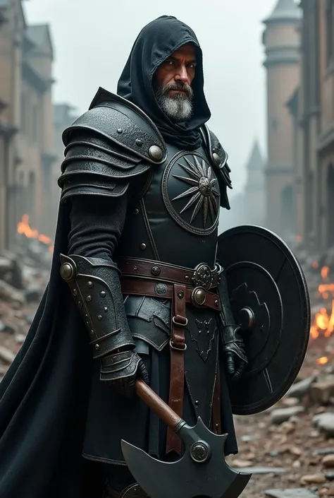 Twenty-seven-year-old human with gray hair and short beard , light brown, medium size, warrior, medium black armor , He has an axe made black shrouded in shadows in his right hand and a shield that has a nucleus of fire in his left hand,  wears a vinotinto...