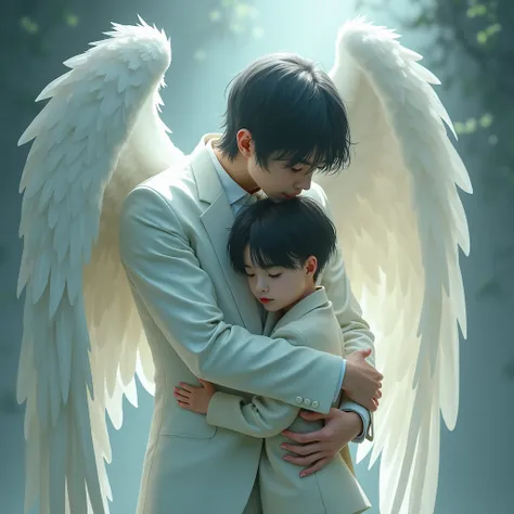 Asian male angel, 34 years old,  medium black disheveled hair ,  huge white wings , wearing a white suit, translucent and spiritual , behind a sad  boy embracing him affectionately.