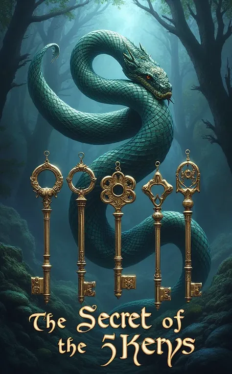  Bookcover for a fantasy book ,  five keys surrounded by a snake.  Text In fantasy letters  : The secret of the 5 keys  