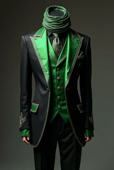  I wanted the suit to be black , with green brims , with silver details, the green vest ,  with silver stripes too ,  and the tie combined in green and silver ,  in addition to the thicker green scarf worn around the neck and some ornaments on the clothes ...