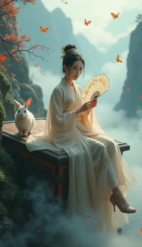 Chinas Four Most Beautiful Women Shih Shi ， Chinese Spring and Autumn Season Dress Up， exquisite makeup ， She is holding a fan ， The fan blocks half of her face，Womans Strange Smile ，She wears exquisite embroidered shoes， and sits on an ancient, strange an...