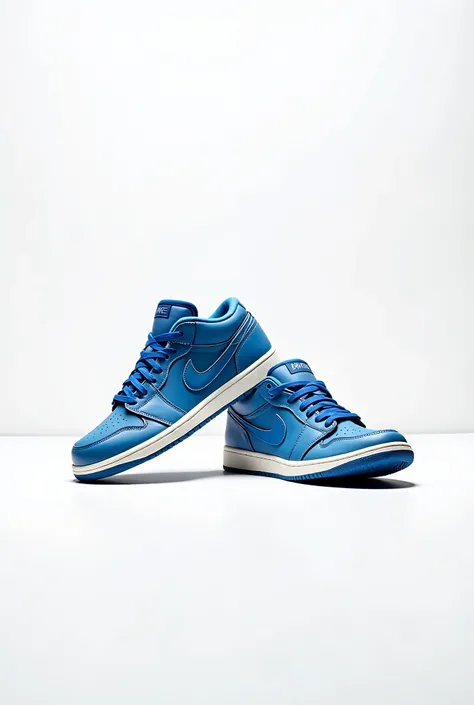 "A pair of Nike Air Jordan 1 Blue sneakers positioned on a plain white background. The shoes are slightly separated; one is tilted at an angle to showcase its side profile, revealing the iconic Air Jordan logo and detailing, while the other remains flat, u...