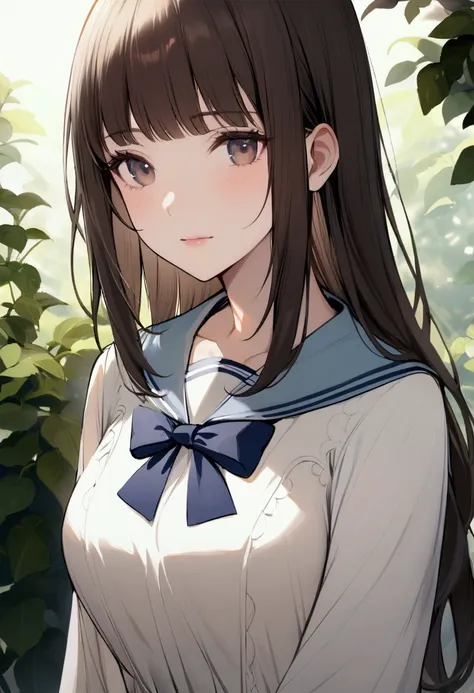 slender, mature female, 1girl, with long, straight, dark brown hair and bangs, wearing a white sailor-style dress with a navy blue collar and bow tie. The dress has a softly pleated, A-line skirt. She has a calm, neutral facial expression and large, dark e...