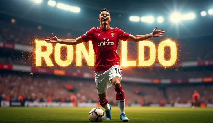 "Design a captivating YouTube thumbnail featuring Cristiano Ronaldo in an iconic pose, such as celebrating a goal or mid-action in a game. Highlight his jersey and signature style with vibrant colors and a stadium backdrop filled with cheering fans. Add bo...