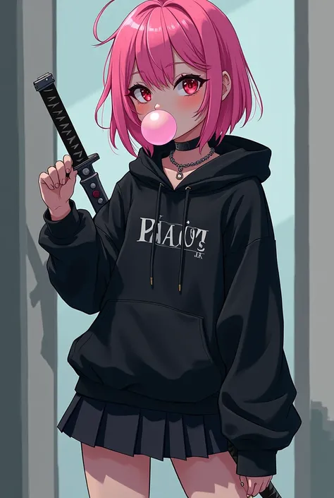 Teenage girl, anime 2d , pelo rosado , katana, emo clothes and skirts and piercings , black hood , bubble gum bubble 