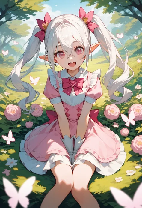 masterpiece, best quality, ultra detailed, a girl, elf, happy, sitting, looking at viewer, twintail, hair between eyes,white hair, pink eyes,magical girl, wonderland, kawaii, cute, anime