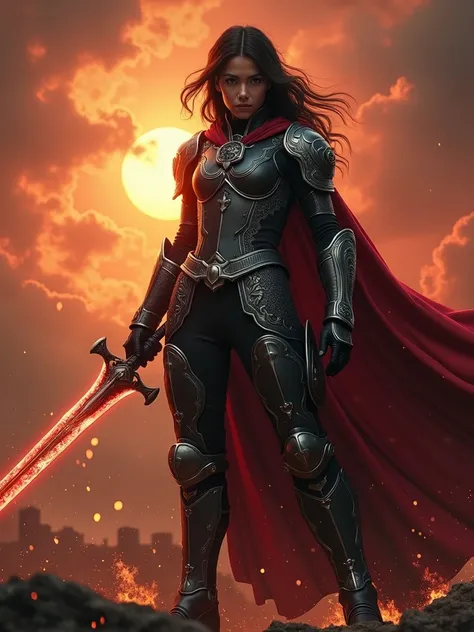 A brave and formidable young woman exudes an aura of strength and dominance, clad in a meticulously crafted black leather armor adorned with intricate silver engravings. A crimson cape billows behind her, adding a touch of regal elegance to her commanding ...