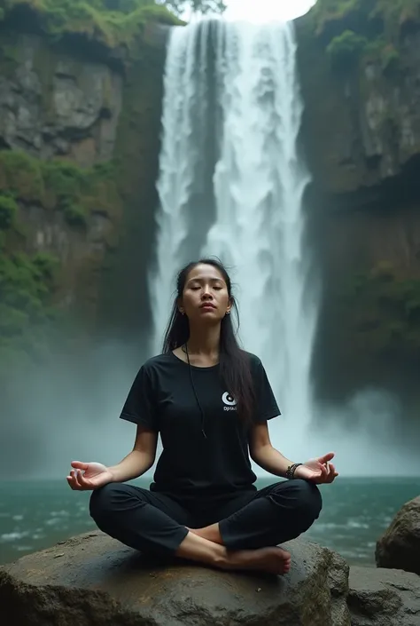 realistic, cinematic, Close-up, a beautiful Indonesian woman is meditating on a rock in front of a waterfall on a hillside. He wore a black t-shirt with the SPIRIT logo, black cargo pants, and bare feet. She had long black hair tied up.