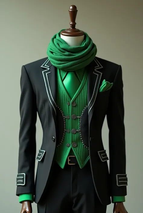  I wanted a mannequin with the clothes . For the suit to be black , with green brims , with silver details, the green vest ,  with silver stripes too ,  and the tie combined in green and silver ,  in addition to the thicker green scarf worn around the neck...