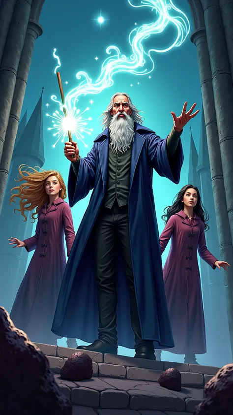  is inspired by Harry Potter， Movie Posters ,  ((American comic style))，The image of a wizard ，Two girls