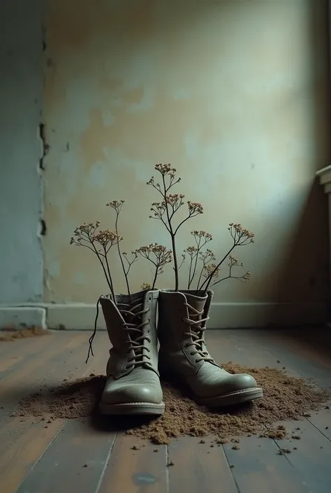 

 Old boots are in an empty room , worn out,  with roots or wilted plants growing around them ,  symbolizing the feeling of stagnation and emptiness .  A large, abstract shadow on the back wall could represent the burden of depression.  We could add a win...