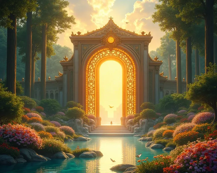 A grand and glowing gate representing the number ten, set within a magnificent paradise. The gate is made from luminous, precious stones and metals, with intricate designs that radiate soft, golden light. Surrounding it are lush gardens filled with vibrant...