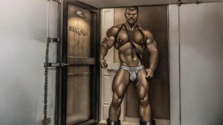 Cybepunk aesthetic, 8k, super detail, A portrait full body of Matt Damon moustache beard, age 50 yo, medium hair shaved sides, Strong, muscular, hairy big belly bodybuilder, bdsm gear, chains, harness, collar, jockstrap showing very hairy pubs groin area, ...