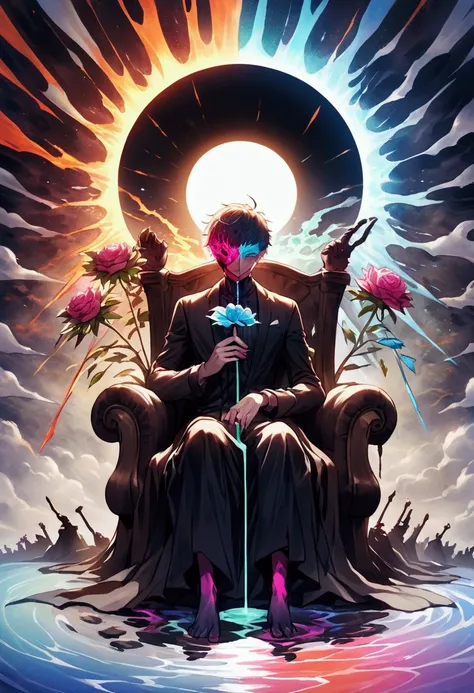 A figure sits on a throne made of splintered canvases and broken paintbrushes, their face obscured by a glowing, cracked mask symbolizing a fragmented identity. Behind them looms a massive eclipse, half radiating vibrant colors and half consumed by shadow,...