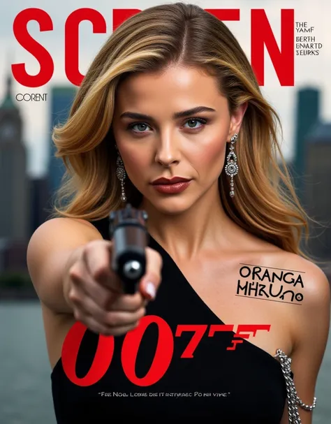 Magazine front cover " Screen " written in middle Red decoration letters at the upon the screen, writing word "next 007 " writing black letter under screen , Font view, cowboy shot, serious , middle cut, golden hair, Chanel design earing, Black Chanel shou...