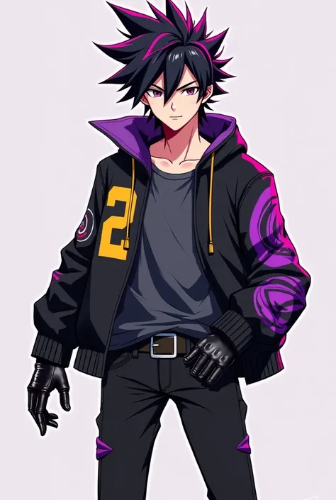 Anime boy. With spiky black hair with lightning shaped magenta streaks. Dark grey shirt. Black jacket with a yellow 2 on the left side. Purple artwork on both right and left sleeves. A red circle and line on both sleeves as well and a black pair of jeans a...