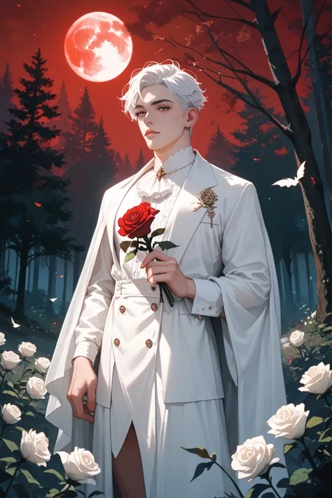 A man in black , with white hair, holding white roses, stands in the middle of the forest, grave, on the night of the red moon. ผีเสื้อ