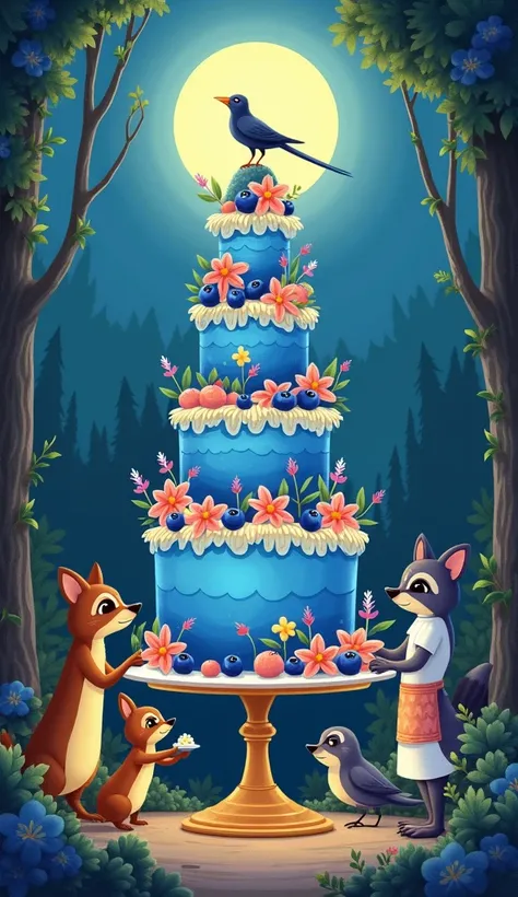 With the raccoon, blackbird, and even the giggling flowers helping, they made the biggest blueberry cake Lily had ever seen. They laughed and shared slices under the glowing moon.