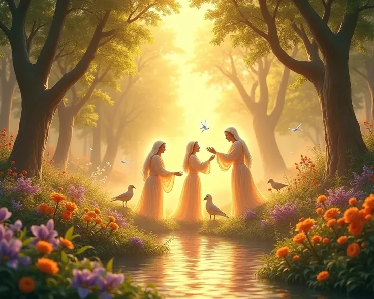 A serene and joyful scene in a heavenly garden, where radiant figures are symbolically greeting one another. The scene is filled with soft, glowing light and warm golden hues, with vibrant flowers, towering trees, and gently flowing rivers. The figures are...