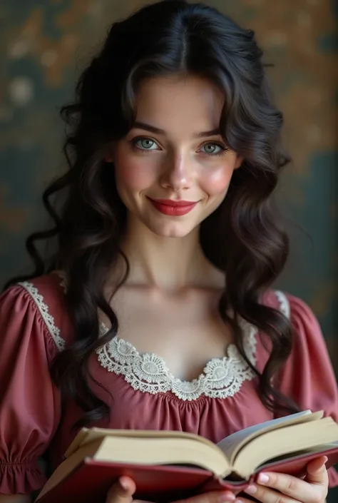  You can create a 17-year-old girl with dark hair , long and curly,  She has sky blue eyes that frame her face elegantly  .  Her skin is pale  ,  with slightly flushed cheeks and intense red lips  , that stands out with subtlety  .  She wears a dark pink v...