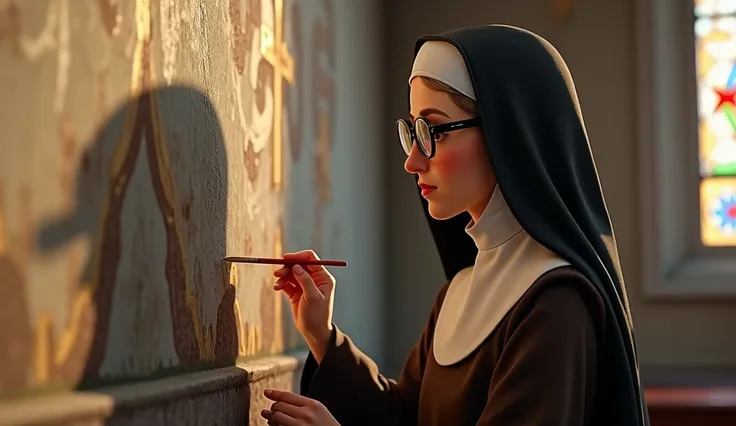 Sister Lúcia ,  a realistic 60-year-old human woman ,  with a calm face and large glasses that highlight her attentive eyes ,  is standing in front of a church wall , painting a mural with sacred scenes . Dressed in the black veil and brown habit ,  she ho...