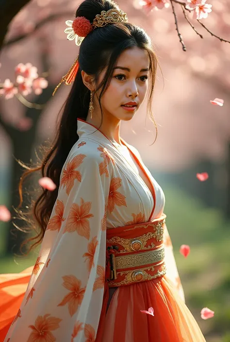 A photo of a beautiful asian women wearing floral phoenix hanfu with combination of soft amber green yellow gold pastel colour, in the middle of sakura trees on the background, a katana slipped on her hip, the sakura petal falls to the ground, her eyes loo...