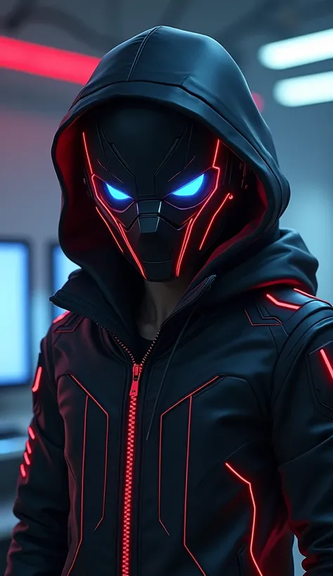  Aggressive Lines. An animated portrait of a young Man wearing all-black high-tech armor, beautifully patterned with thin red stripes, along with a black/graphite mask, glowing blue eyes on each side, wearing a black/graphite jacket with a black hood. The ...