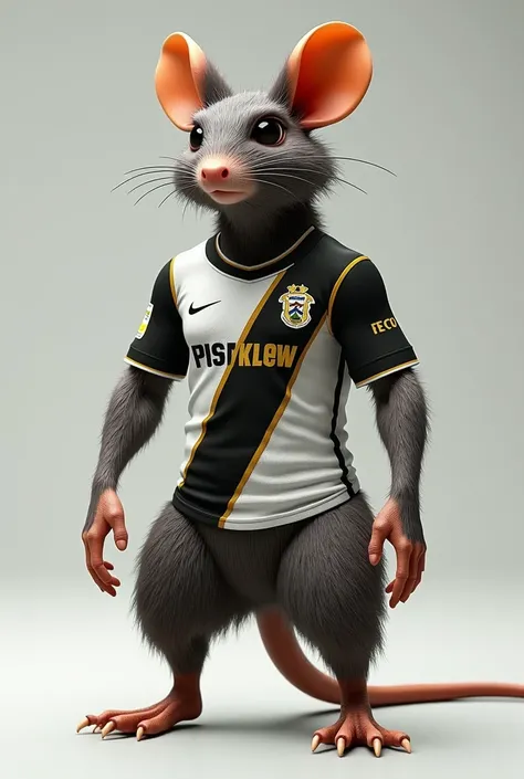 Create an ultra realistic image of a humanoid rat he is wearing the jersey of the Corinthians team from São Paulo Brazil 