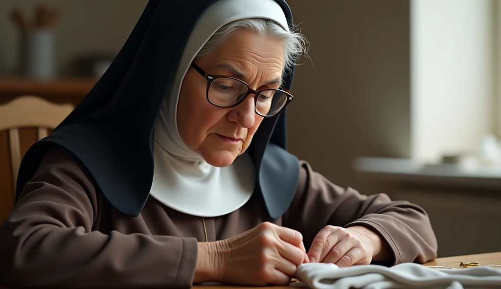 Sister Lúcia ,  a realistic 60-year-old human woman ,  with a serene expression and small eyes highlighted by large glasses , She is sitting in a bright room ,  sewing a new habit for a novice . Dressed in the black veil and brown habit ,  her skilled hand...