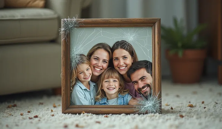 A family photo fell to the floor, the glass frame cracked. The picture inside showed a happy family, but the cracks in the glass added to the feeling of heartbreak and division.