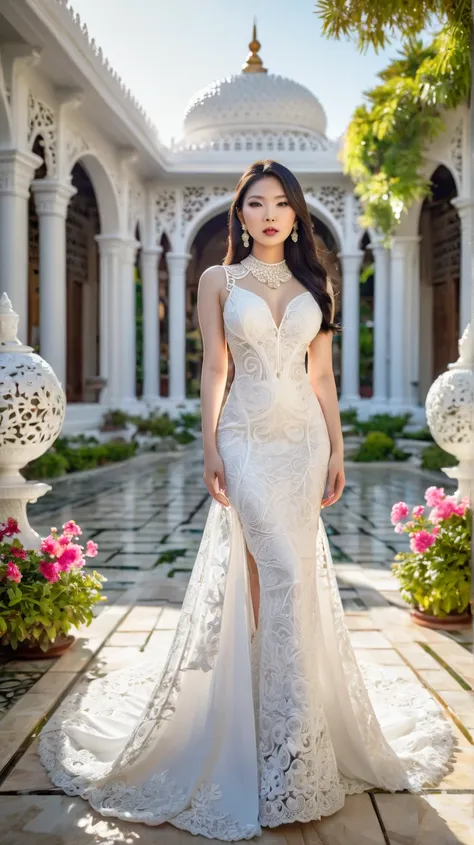 Portrait of a beautiful 23 year old Asian female model, with shiny porcelain white skin, high-end cosmetics, wearing a high-end fashion white long dress, extremely detailed design, intricate lace, inspired by Demetrios Farmakopoulos. Standing in the middle...