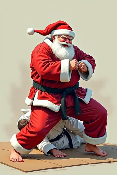  Santa Claus from jiu jitsu on a mat with kimono and black belt, applying a jiu-jitsu stroke  