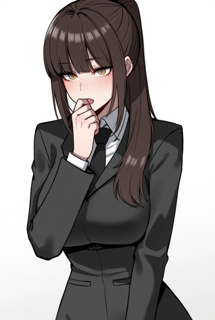 girl, long hair, pony tail, brown hair, tanned skin, tomboy, muscular, big breasts, suit clothes, neutral face, extremaly detailed eyes, masterpiece, whie background, perfect lighting, ratatatat74, micro penis, small penis, blowjob, malepov
