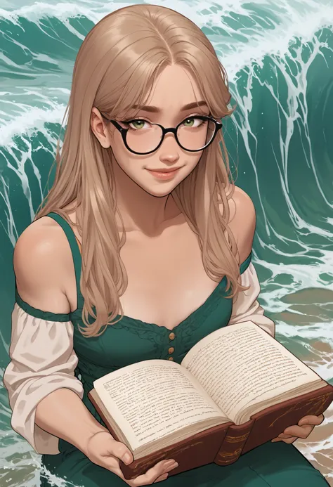long hair with waves, light brown color, pale skin and green eyes, coquettish clothes, glasses, reading a book with a small smile and a slight blush