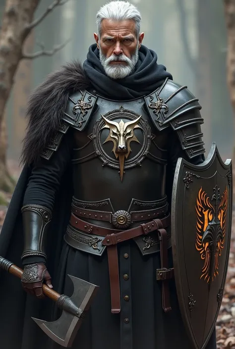 twenty-seven-year-old human gray hair and, light brown, medium size, warrior, medium black armor ,  has an axe made black from which shadows emanate on his right hand and a shield that has a nucleus of fire in his left hand,  wears a vinotinto hood and in ...