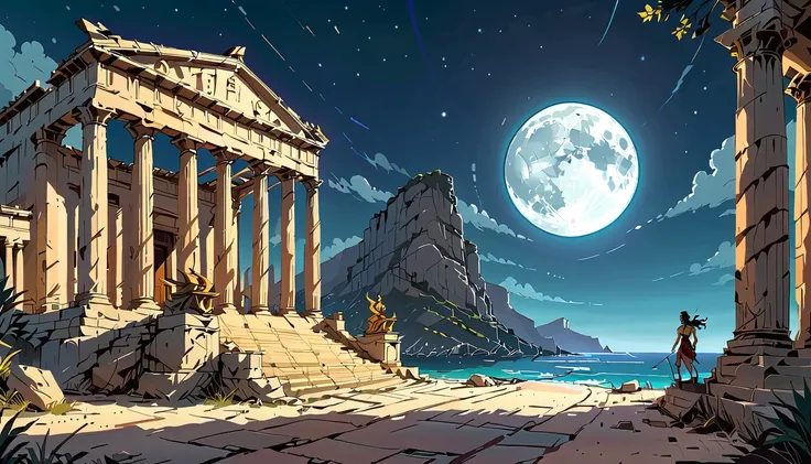 moonlight, a detailed ancient greek temple with greek columns, ancient greek gods statues, ancient greek fire, ancient greek island landscape, 8k, ultra-detailed, hyperrealistic, intricate, dramatic lighting, dramatic shadows, warm color tones, cinematic, ...