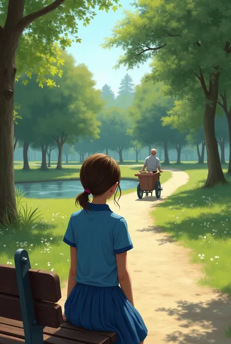 a girl  in a blue polo shirt and blue skirt with ponytail brown short hairLeigh found herself drawn back to the quaint little park where shed first encountered the old man. The park was as serene as she remembered, with its sun-dappled paths and the gentle...