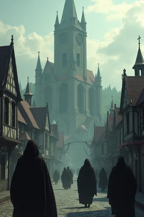 Create the image of a city with several houses, with fully hooded people and with a huge church that stands out in it.