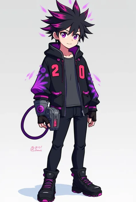 Anime boy. With spiky black hair with lightning shaped magenta streaks. Dark grey shirt. Black jacket a yellow 2. On the right side and a yellow 0 on the left side. Purple artwork on both right and left sleeves. A red circle and line on both sleeves as wel...