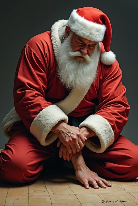  Santa Claus from jiu jitsu on a mat with kimono and black belt, Applying an Armelok