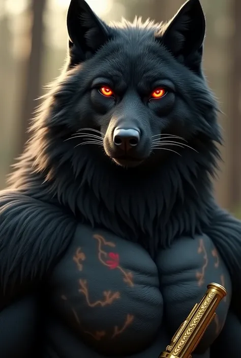  A very intimidating muscular black fur coat ,
Red red eyes with black iris ,  with 3d animation ,  on each hand a gold dessert egle with a long barrel ,  on its osico a black muzzle highlighting its red eyes with a predatory look on its chest give it a ta...