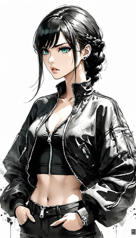 Neo-noir futuristic art style, Ink and Wash Digital Art style, waist-up, proportional body, semi-realistic anime-style of woman facing side. aged 19, young but looks mature woman with long, sleek black hair styled in a low long single braid. aged 19. oval ...