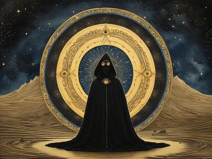 "A shadowed figure wearing a flowing black hooded cloak sits in the center of a cosmic swirl. The figure’s face is hidden except for a glowing third eye on the forehead, radiating intricate golden patterns of sacred geometry that extend outward, blending i...