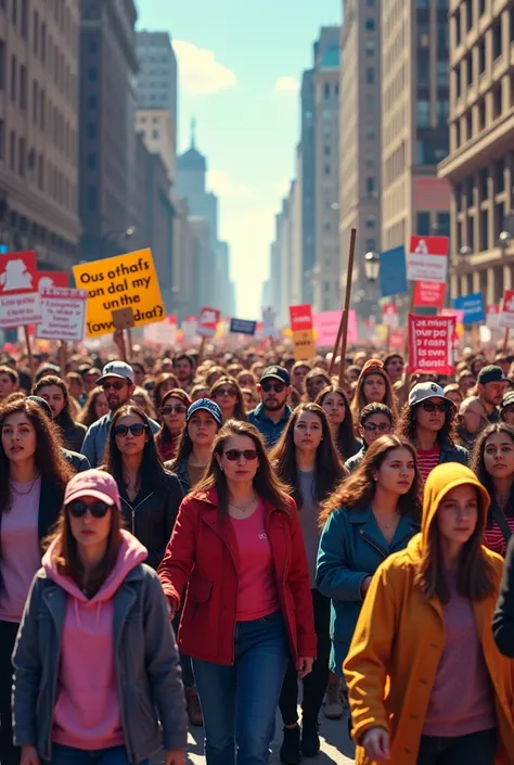 Visuals of people in different countries, marching for women’s rights, equal pay, and social justice