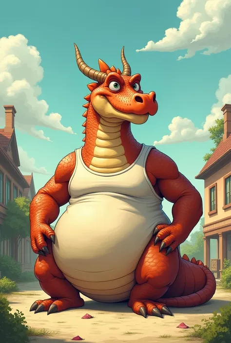 A Fat giant dragon, wearing a tank top, with no pants, and that is a told dad and the art style is one of those furry cartoons