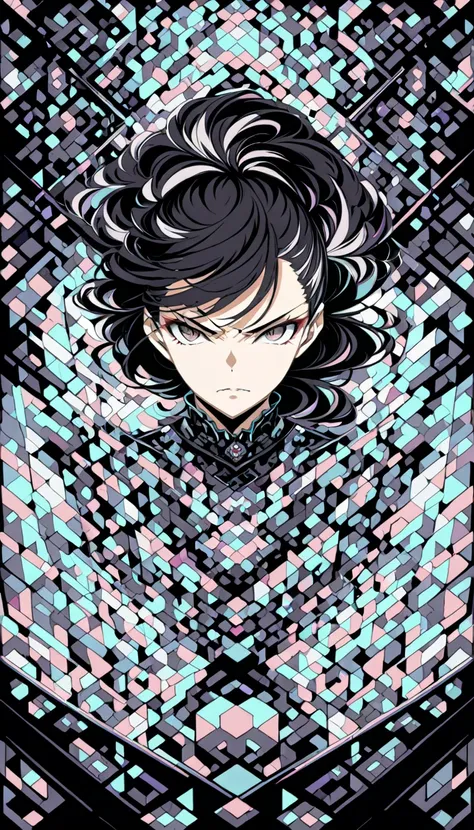 (((woman、samurai、 princess cut、 black hair、 serious face)))、( absurd,  high definition ,  super detailed ), One person,  very detailed eyes, ( Official Art ,  Beauty and Aesthetics : 1.2), ( fractal art: 1.3),  Pastel Color Scheme ,  most detailed