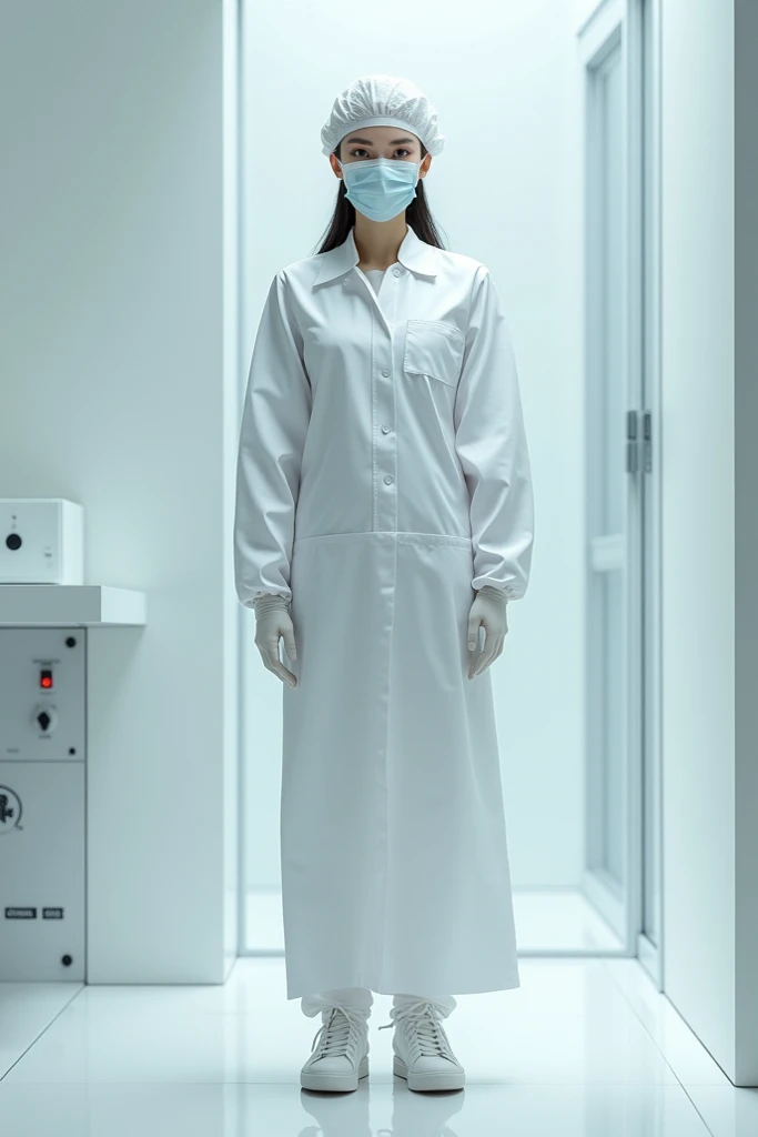 The female scientist, standing upright, was seen wearing a white gown, wearing gloves, a mask, a hat and an apron, not seeing her hair and shoes.