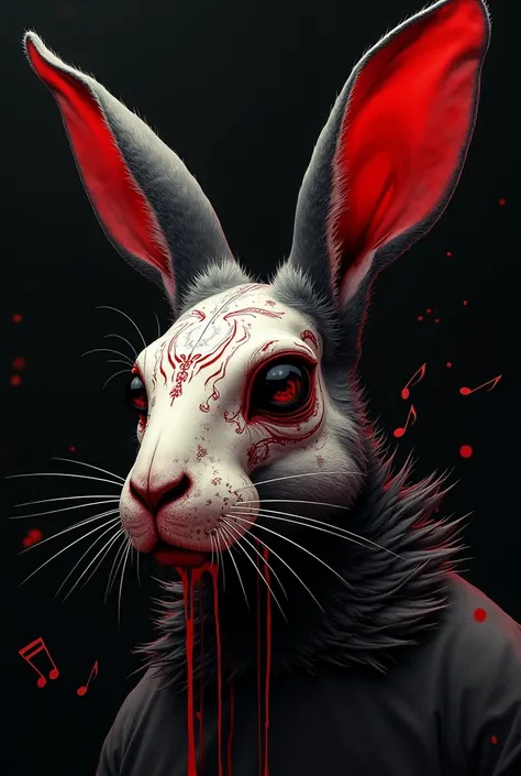  Create several raw images in black and red scale of a rabbit or its skull, features and alterations with musical details  