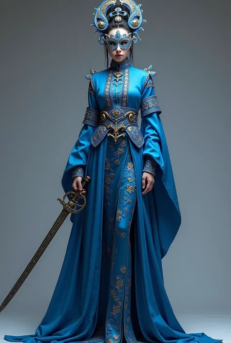 arafed woman in a blue outfit and a mask with a sword, concept art inspired by Li Mei-shu, trending on cg society, rococo, fantasy outfit, lunar themed attire, alluring mesmer woman, colorful rich fantasy clothing, clothes themed on a peacock mage, astral ...