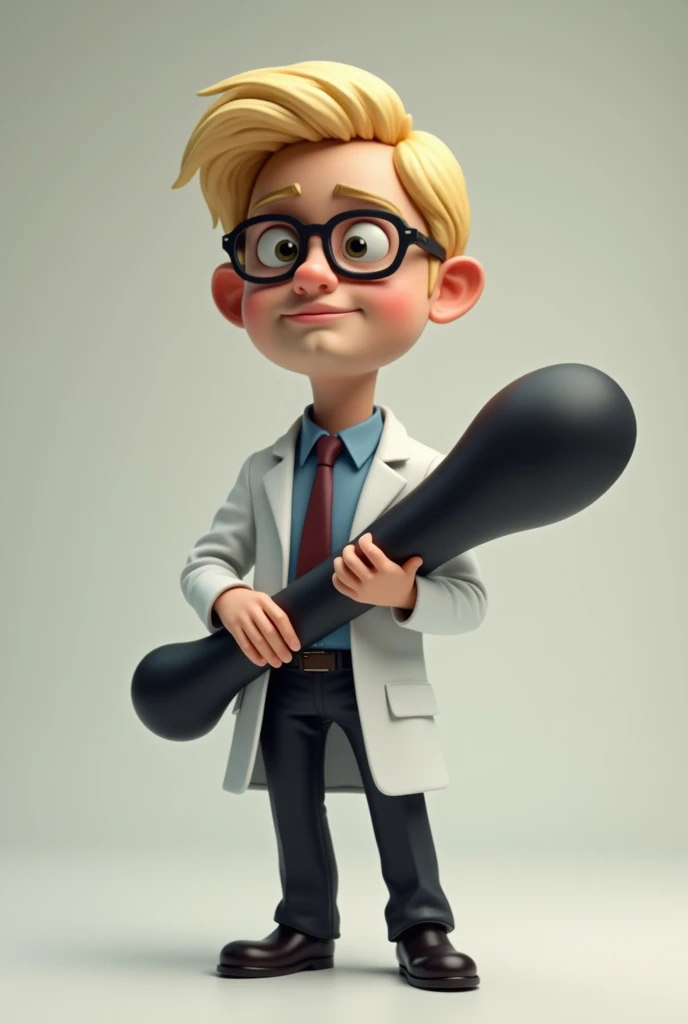 Make a medium-sized blond haired psychologist who wears glasses and dress clothes, do it preferably while holding a large black vibrator and do it so you can use it for humor purposes 